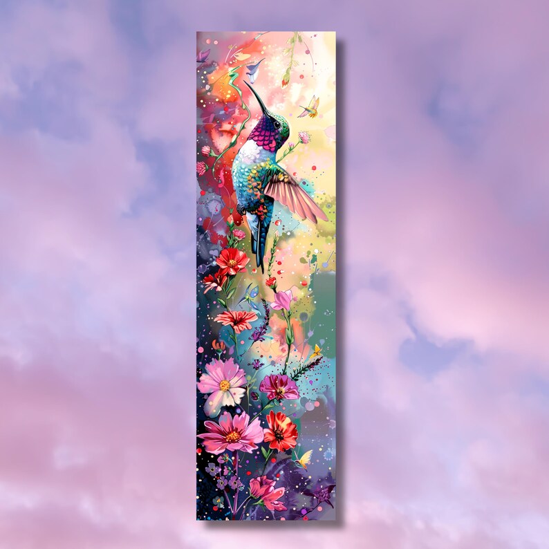May include: A colorful hummingbird with iridescent blue, green, and red feathers is perched on a branch with pink and purple flowers. The background is a watercolor wash of pink, blue, and yellow.
