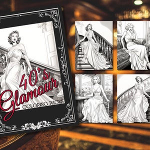1940s FASHION Glamour COLORING Pages | 5 PRINTABLE Adult Coloring Pages | Digital Art for Relaxation, Anxiety Stress Relief, Mindfulness