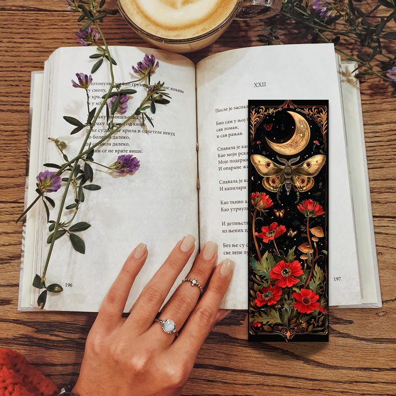 Printable Digital Bookmark Set | Celestial Moths | Dark Academia Aesthetic | Halloween Bookmarks | 4 PNG Files | Instant Download ZIP