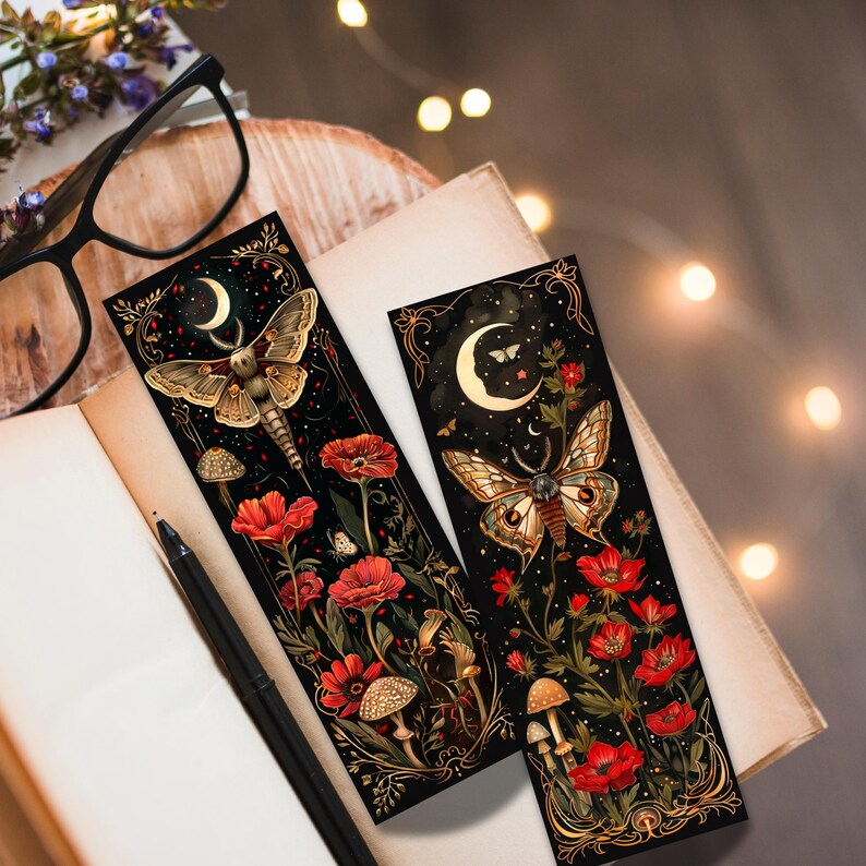 Printable Digital Bookmark Set | Celestial Moths | Dark Academia Aesthetic | Halloween Bookmarks | 4 PNG Files | Instant Download ZIP