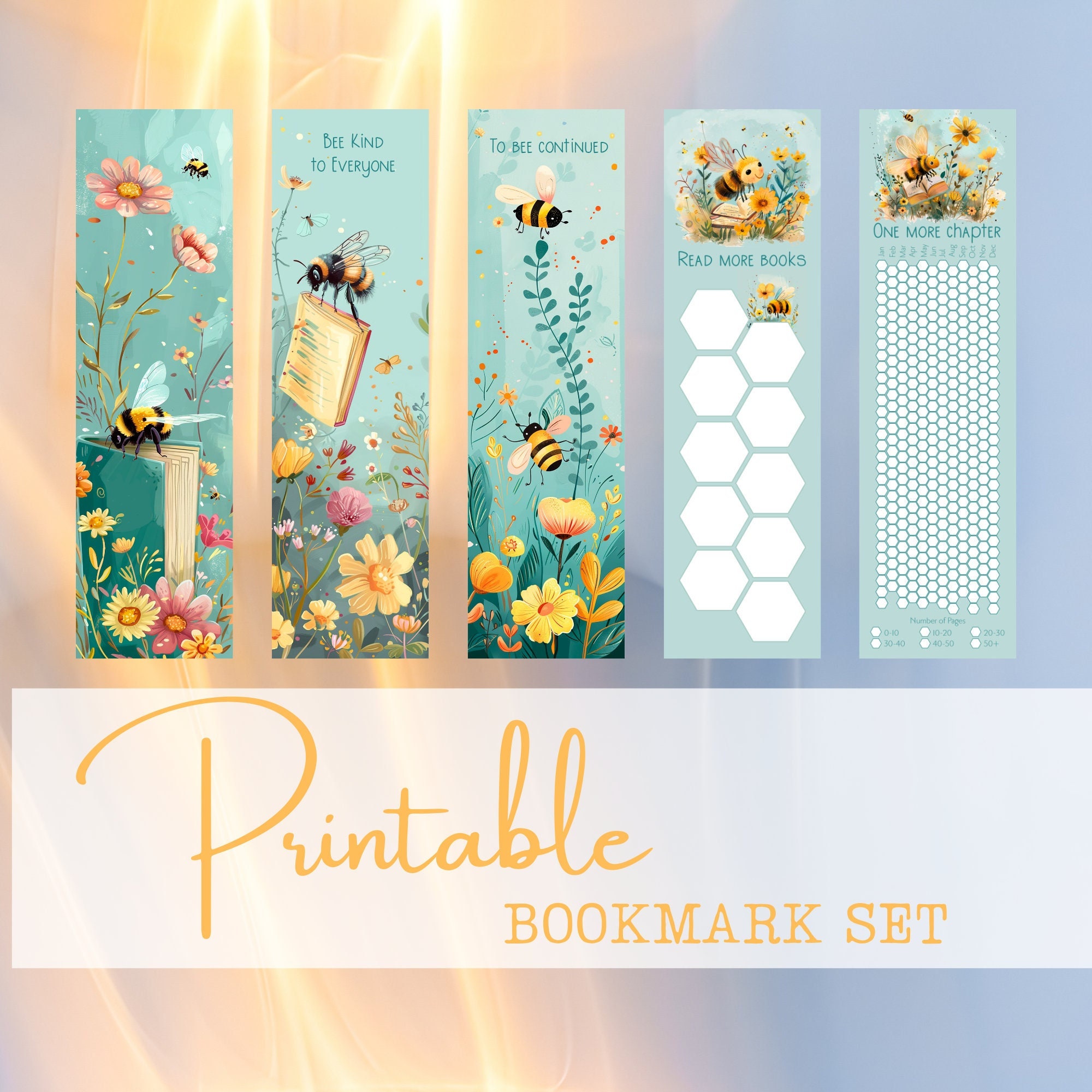 5 Bookmarks PRINTABLE Bee Reading Tracker Cute Flower Aesthetic Booktok ...
