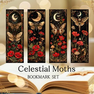Printable Digital Bookmark Set | Celestial Moths | Dark Academia Aesthetic | Halloween Bookmarks | 4 PNG Files | Instant Download ZIP