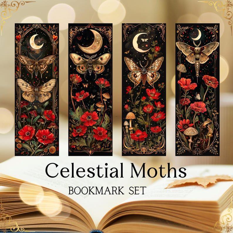 Printable Digital Bookmark Set | Celestial Moths | Dark Academia Aesthetic | Halloween Bookmarks | 4 PNG Files | Instant Download ZIP