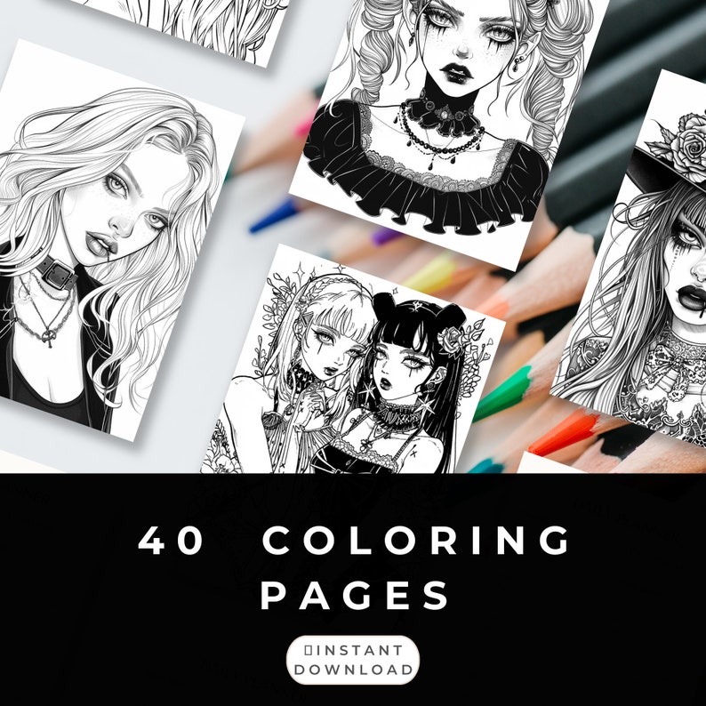 Digital Coloring Book | Goth Girl Horror Anime | 40 Dark Romance Designs | Emo Manga Aesthetic ...
