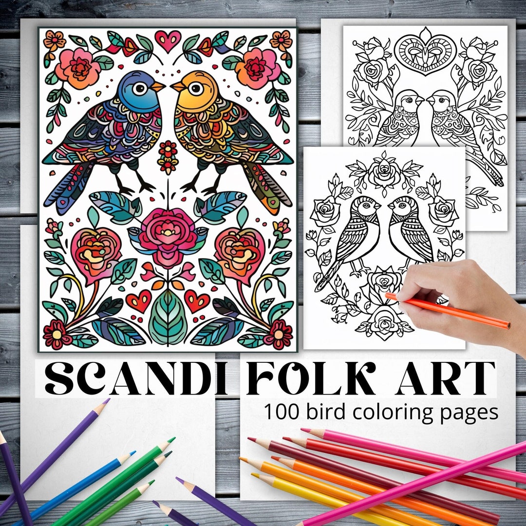 100 Scandi Folk Art Bird Coloring Pages | Printable Adult Coloring Book | Stress Relief ...