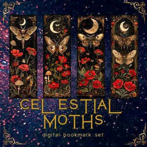 Printable Digital Bookmark Set | Celestial Moths | Dark Academia Aesthetic | Halloween Bookmarks | 4 PNG Files | Instant Download ZIP