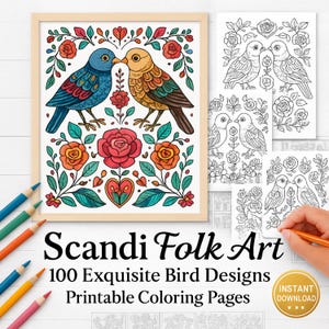 100 Scandi Folk Art Bird Coloring Pages | Printable Adult Coloring Book | Stress Relief & Mindfulness | Floral Bird Digital Coloring Book