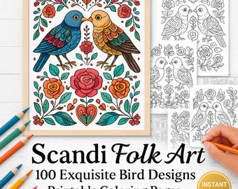 100 Scandi Folk Art Bird Coloring Pages | Printable Adult Coloring Book | Stress Relief & Mindfulness | Floral Bird Digital Coloring Book