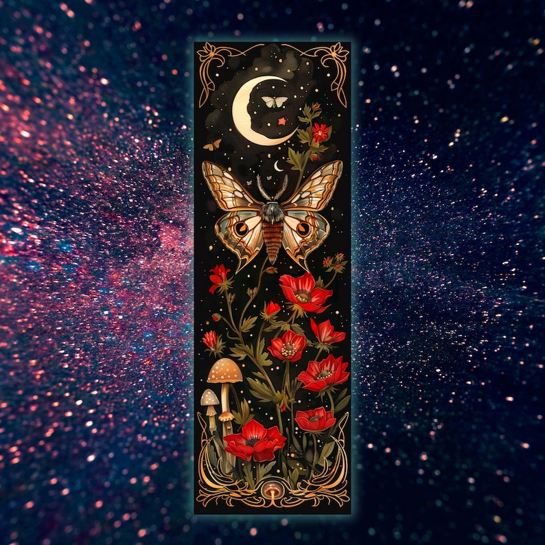 Printable Digital Bookmark Set | Celestial Moths | Dark Academia Aesthetic | Halloween Bookmarks | 4 PNG Files | Instant Download ZIP