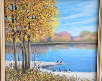 Oryginalny obraz w ramie pejzażowej - Gęsi nad jeziorem, obraz olejny - Oryginalny obraz artysty 26" x 24"