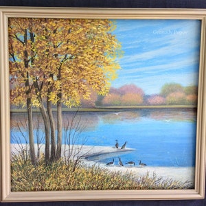 Original Landscape Framed Painting - Geese at Lake Oil Painting - Original Artist Painting 26&quot; x 24&quot;