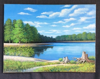 オリジナルの湖の絵画：アクリル風景画、8x12 - Etsy 日本