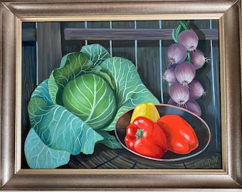Raccolta del giardino - Pittura di natura morta a olio incorniciata d'arte originale