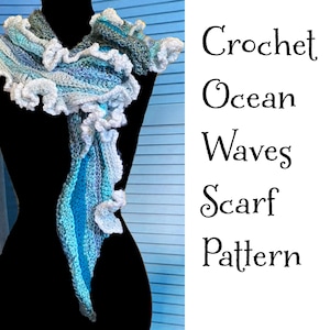 May include: A crochet scarf pattern featuring ocean waves in shades of blue and white. The pattern is called "Crochet Ocean Waves Scarf Pattern".