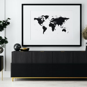 Moderne platte wereldkaart, zwart/wit, digitale poster