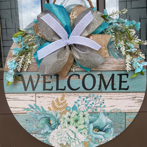 18" Teal Welcome Door Hanger, Between Doors Wreath, Floral Decoration for Front Porch, Shallow Front Door Decor, Aqua Everyday Wall Hanging