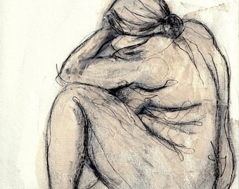 Mujer sentada - Impresión de arte del estudio de dibujo original de la vida.