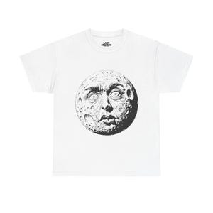 Moon Face Unisex Heavy Cotton Tee, Graphic T-Shirt, Space Lover Gift, Halloween Costume, Quirky Apparel, Unisex Fashion Tee