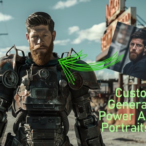 Puede incluir: Un hombre con una armadura de poder de metal oxidado y barba roja. La imagen es un retrato generado personalizado. El texto "Custom Generated Power Armor Portraits x 4" está debajo de la imagen.