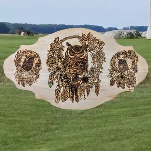Wood Burned Owl Collage Large Plaque