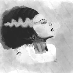 Bride Of Frankenstein Watercolor Print: Classic Gothic Horror Monster Art, Black and White Frankenstein Art Prints, Gothic Home Decor Gift
