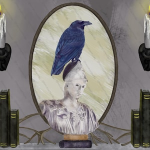 May include: Illustration of a dark blue raven perched atop a white bust reflected in an oval mirror. The mirror is framed by a brown border. Two lit candles and two books are on either side of the mirror.