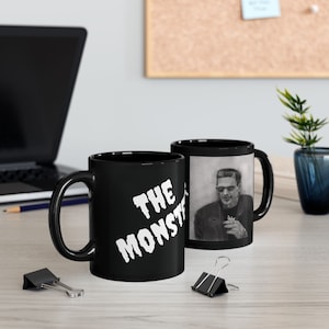 Frankenstein &quot;The Monster&quot; Black Ceramic Coffee Mug 11oz and 15oz sizes, Microwave and Dishwasher Safe, Cute Couples Gift, Gothic Horror Cup