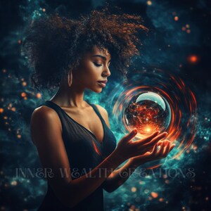 May include: A woman with dark curly hair holds a glowing orb in her hands. The orb is surrounded by swirling red and blue energy. The background is a dark blue with a nebula-like pattern.