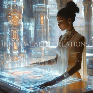 May include: A woman in a white outfit with gold jewelry is standing in front of a futuristic cityscape. She is touching a glowing blue and white digital interface.