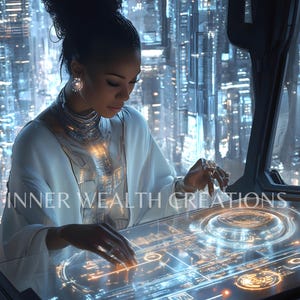 May include: A woman in a white robe with silver jewelry interacts with a futuristic glowing interface. The interface has a circular design with glowing lines and a blue and orange color scheme. The background is a futuristic city.