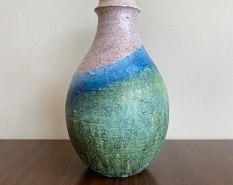 Large Vintage Marcello Fantoni Art Pottery Vase for Raymor Multicolored Green Blue Drip Glaze MCM Italian