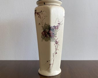 Antique Weller Hudson Pottery Vase Hexagon Cream Floral Cherry Blossoms 10.5 inches USA