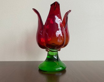 Svoboda Karlov Czech Republic Red Tulip Flower Candle Holder Handblown Glass