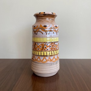 Bitossi Italy Raymor Aldo Londi 5010 Pottery Vase Brown Tans with Orange Yellow Décor 1970s