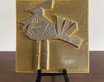 Börje Skohg Ateljé Gustavsberg Abstract Rooster Bird Pottery Wall Tile Plaque Sweden Signed Scandinavian Unique Gift