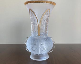 Chinese Gu Taotie Art Deco Tribal Brutalist Gold Greek Key Frosted Glass Vase