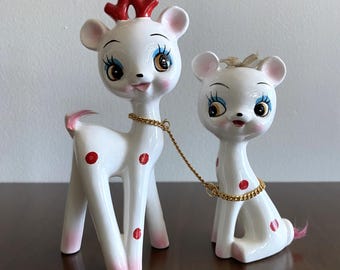 Anthropomorphic Polka Dot Deer Fawn Pair Couple Figurines Kitsch Retro Japan