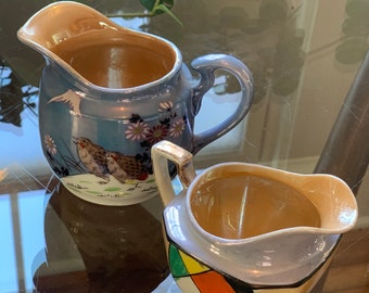 Lusterware Geometric or Birds Nature Japan Luster Ware Creamers hand painted mid century vintage