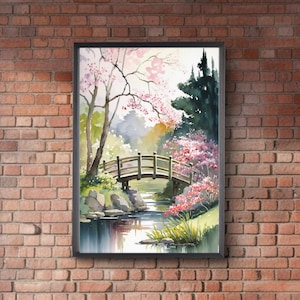 Japanese Zen Garden Watercolor Print: Cherry Blossom Tree and Bridge Landscape Art for Home Decor | Digital Art Download