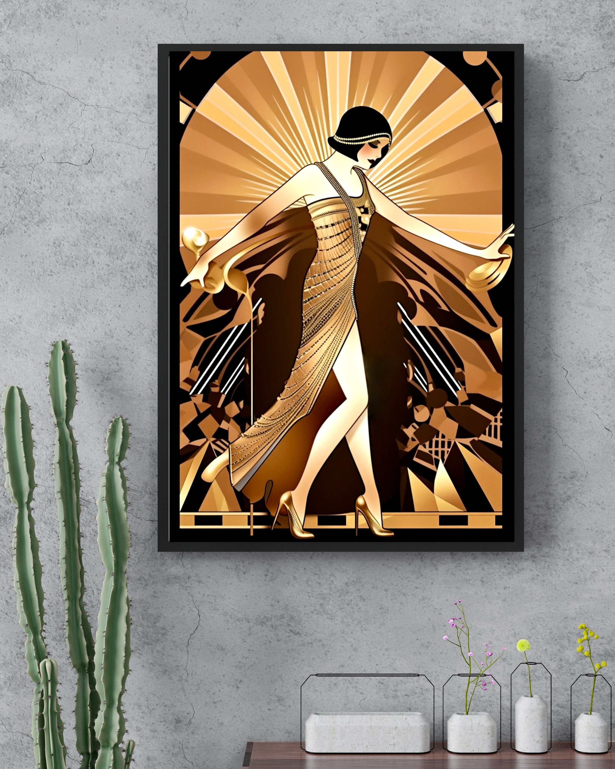 Vintage Glamour: Art Deco Flapper in Black and Gold Digital Art ...