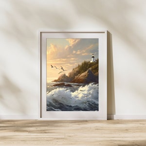 Maine Küste Sonnenuntergang mit Leuchtturm - AI Digitaler Download für Wand Kunst und Dekor | Digitales Poster | Druckbare Kunst | Herunterladbare AI Art