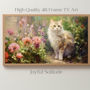 Frame TV Art Instant Download, Cat in the Garden Oil Painting, Digital Download, TV Art