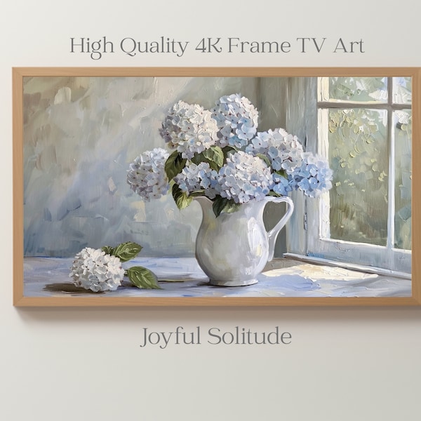 Cadre pour la télévision, téléchargement immédiat, vase d'hortensias près de la fenêtre, peinture à l'huile, téléchargement numérique, oeuvre d'art pour la télévision, décoration numérique florale