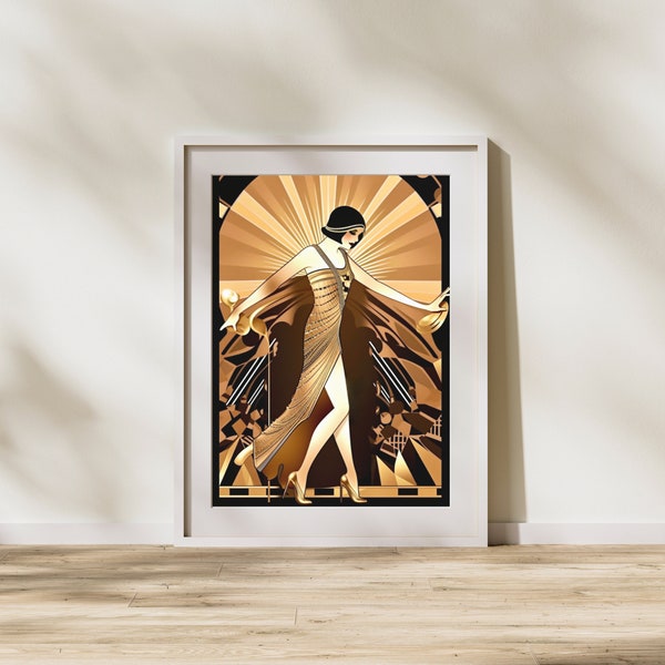 Vintage Glamour: Art Deco Flapper in Black and Gold Digital Art Download | Digital Poster | Printable Art | Home Decor | Flapper | Boho