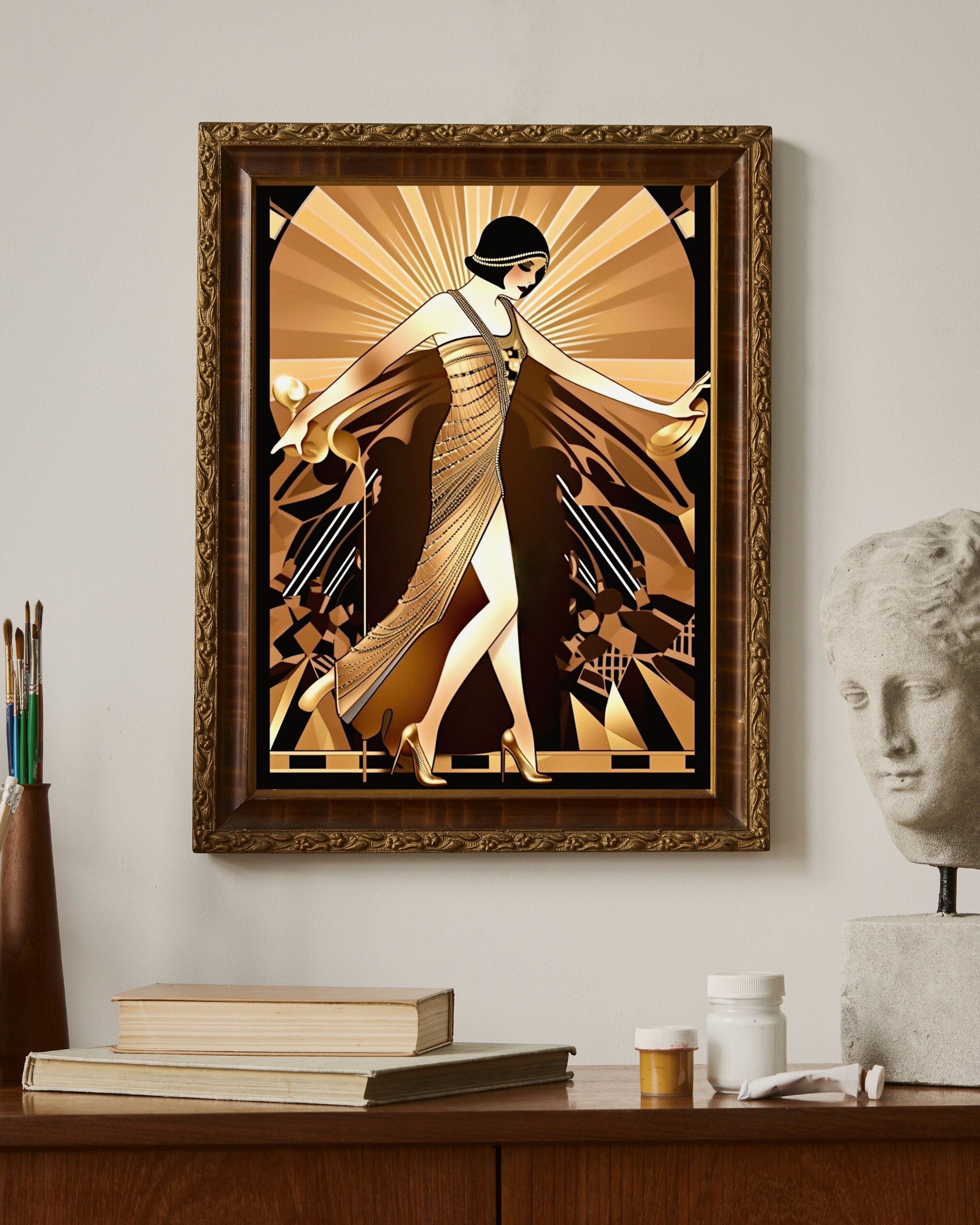 Vintage Glamour: Art Deco Flapper in Black and Gold Digital Art ...