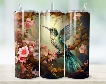 Graceful Hummingbird Visiting Flowers - Downloadable Sublimation Tumbler Wrap - Instant Digital Download