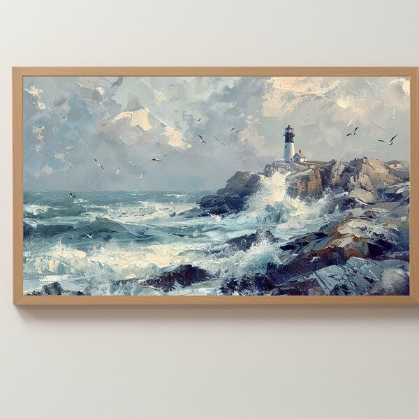 Frame TV Art Instant Download, "The Rocky Coast of Maine with Lighthouse", Oil Painting, Digital Download, TV Art, Brush Strokes, Seascape