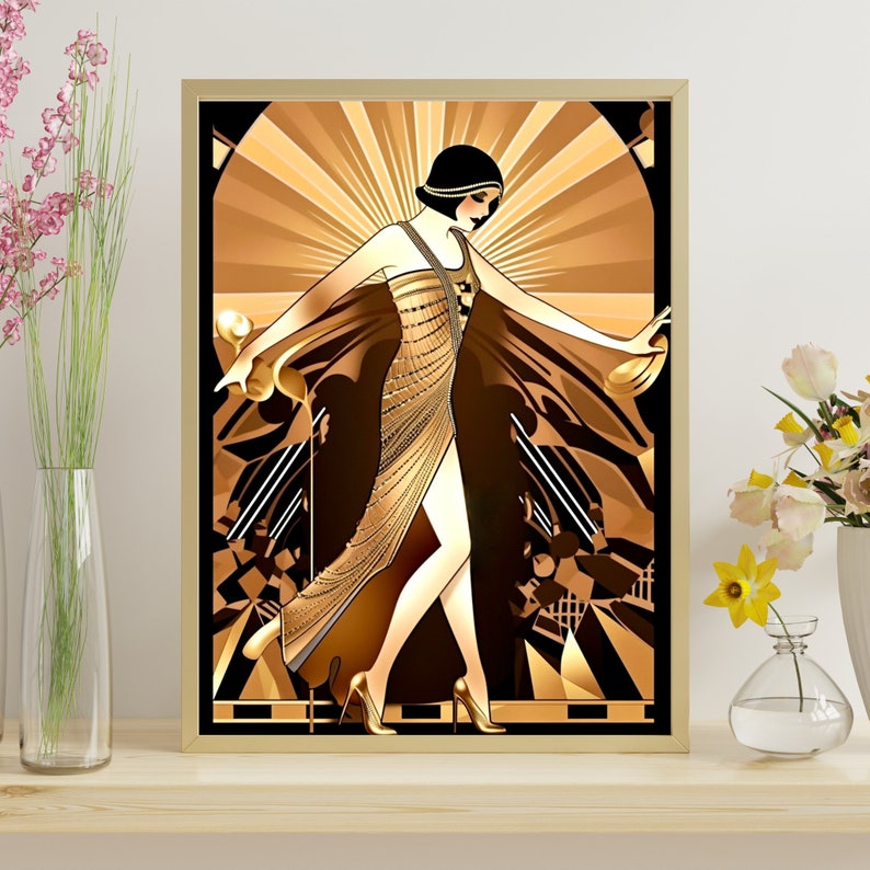 Vintage Glamour: Art Deco Flapper in Black and Gold Digital Art ...