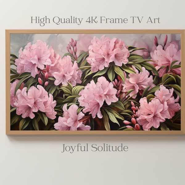 Frame TV Art Instant Download Pink Rhododendron Flowers Oil Painting, Brush Strokes, TV Art, Floral Digital Decor, Spring Landscape Scenery