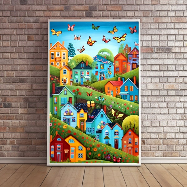 Village d'art naïf fantaisiste avec des papillons colorés - Art IA téléchargeable pour votre décoration intérieure | Art imprimable | Décoration intérieure | Décor de bureau